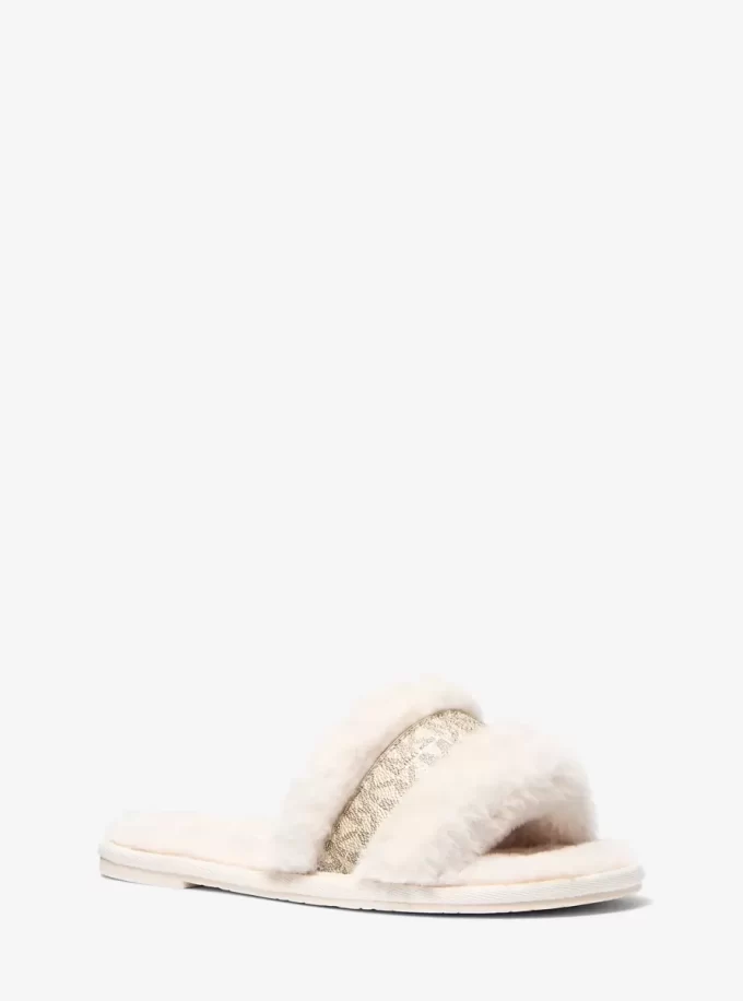 Alexis Faux Fur and Metallic Signature Logo Slide Sandal Alexis Faux Fur and Metallic Signature Logo Slide Sandal