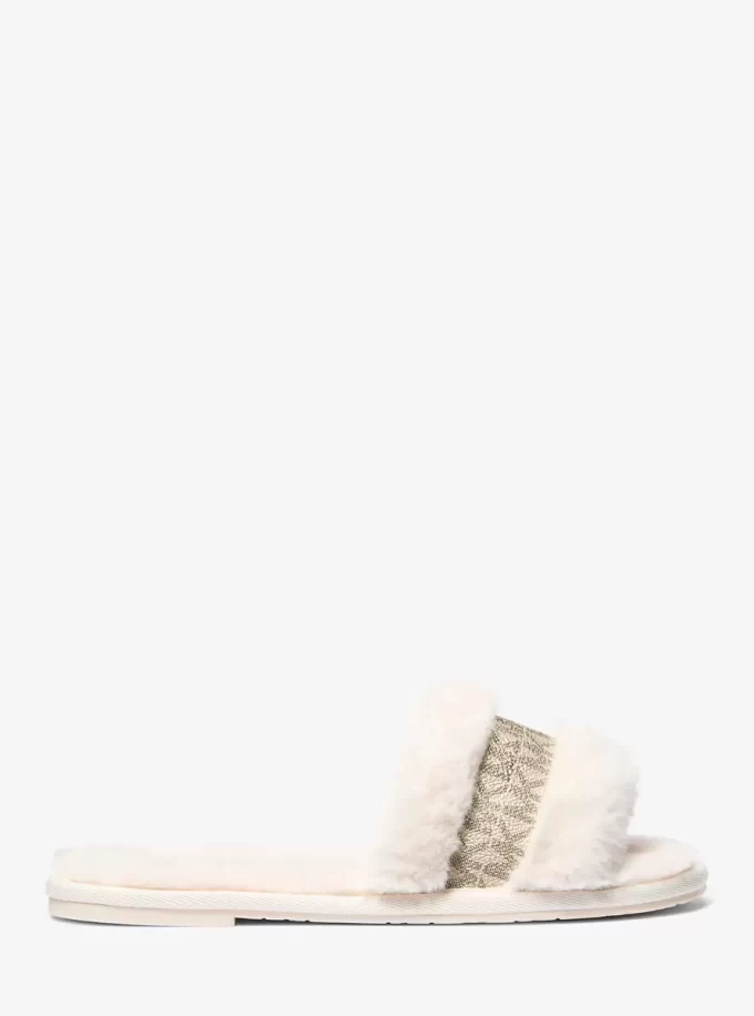 Alexis Faux Fur and Metallic Signature Logo Slide Sandal Alexis Faux Fur and Metallic Signature Logo Slide Sandal