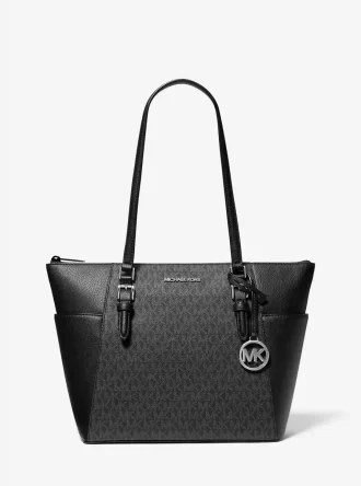 Charlotte Large Logo and Leather Top-Zip Tote Bag Charlotte Large Logo and Leather Top-Zip Tote Bag