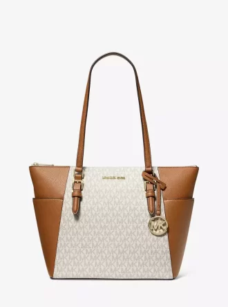 Charlotte Large Logo and Leather Top-Zip Tote Bag Charlotte Large Logo and Leather Top-Zip Tote Bag