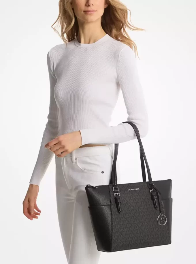 Charlotte Large Logo and Leather Top-Zip Tote Bag Charlotte Large Logo and Leather Top-Zip Tote Bag