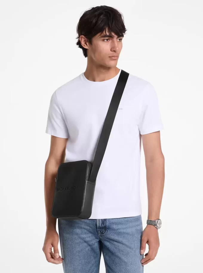 Cooper Logo Embossed Pebbled Leather Messenger Bag