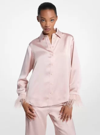 Feather Trim Satin Pajama Shirt