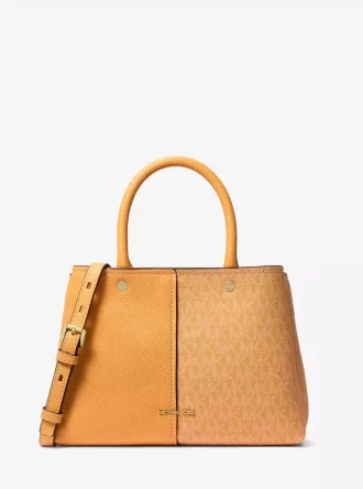 Flora Medium Signature Logo and Leather Satchel