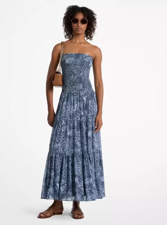 Floral Print Georgette Smocked Tiered Dress Floral Print Georgette Smocked Tiered Dress