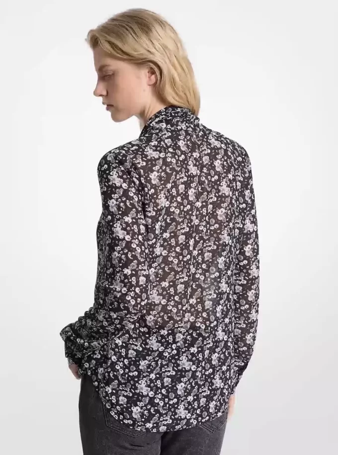 Floral Print Georgette Tie-Neck Blouse Floral Print Georgette Tie-Neck Blouse