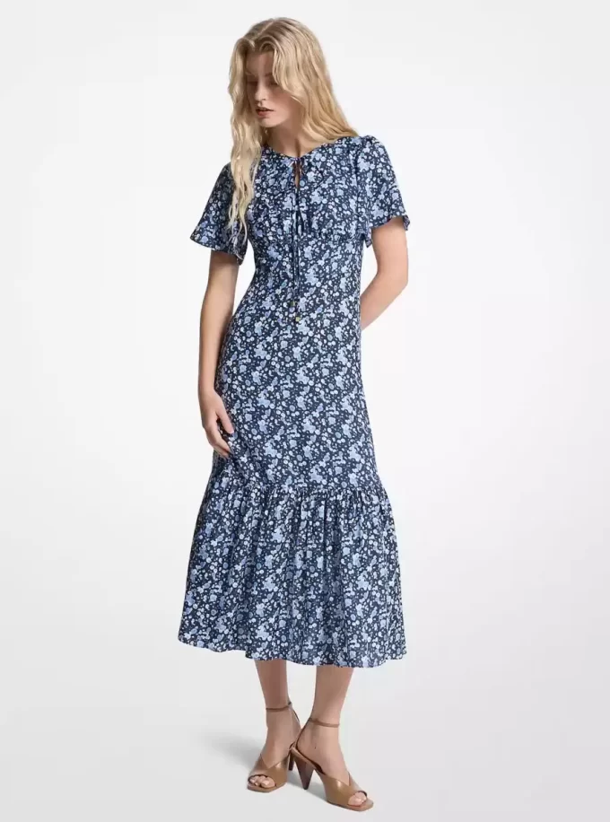 Floral Print Viscose and Silk Blend Midi Dress Floral Print Viscose and Silk Blend Midi Dress