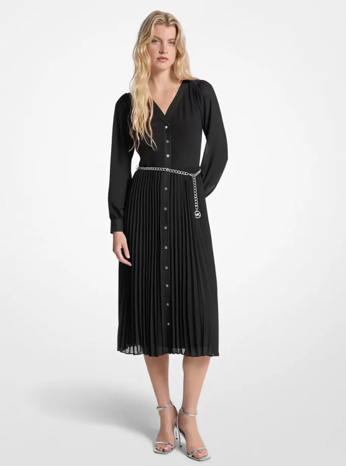 Georgette Belted Pleated Shirtdress