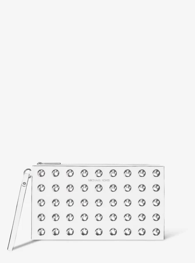 Jet Set Large Studded Pebbled Leather Wristlet