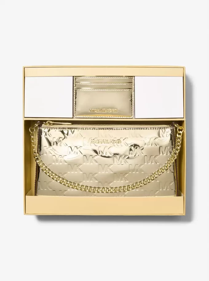 Jet Set Medium Metallic Logo Debossed Pochette and Card Case Gift Set