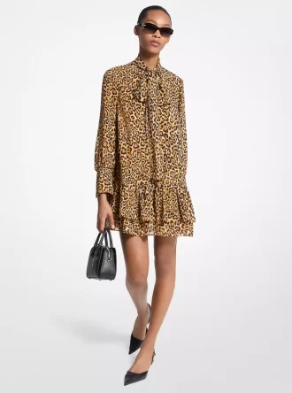Leopard Print Georgette Tie-Neck Dress