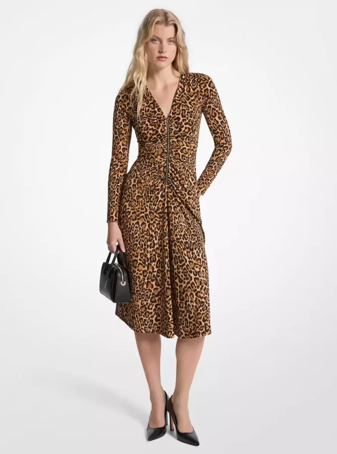 Leopard Print Matte Jersey Ruched Dress