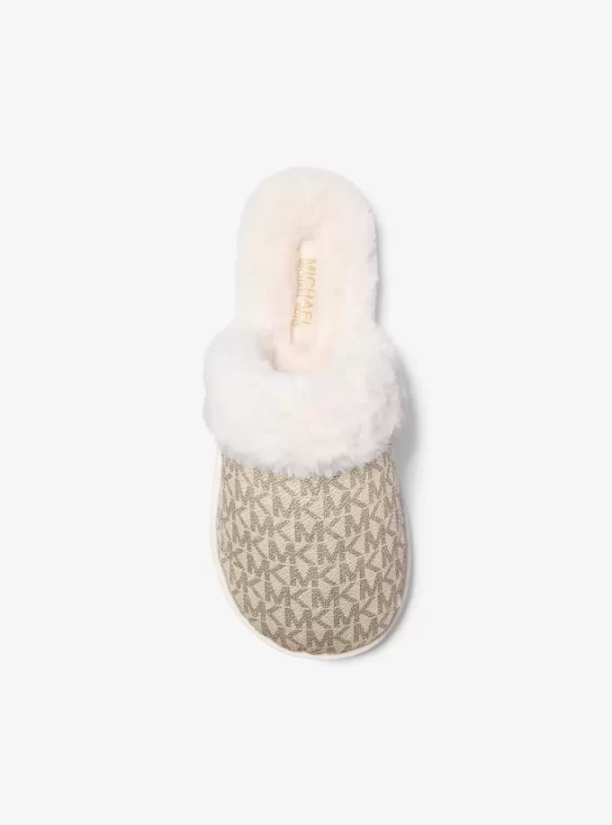 Liddy Metallic Signature Logo and Faux Fur Slipper Liddy Metallic Signature Logo and Faux Fur Slipper