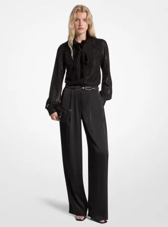 Metallic Clip Jacquard and Satin Tie-Neck Jumpsuit