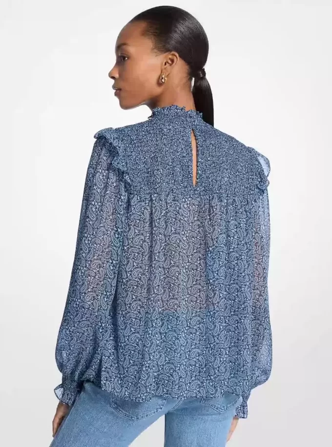 Metallic Paisley Print Smocked Georgette Blouse Metallic Paisley Print Smocked Georgette Blouse