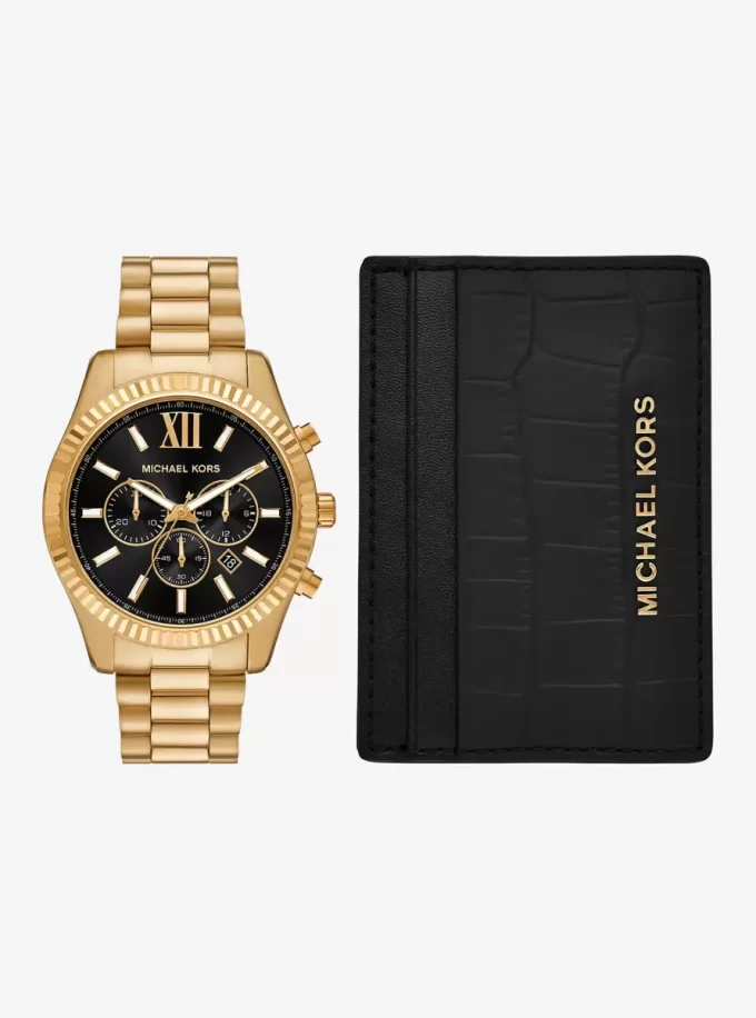 Oversized Lexington Gold-Tone Watch and Crocodile Embossed Leather Card Case Gift Set Oversized Lexington Gold-Tone Watch and Crocodile Embossed Leather Card Case Gift Set