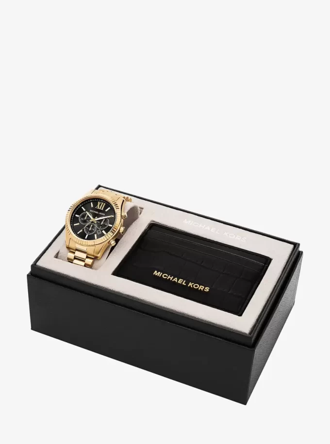 Oversized Lexington Gold-Tone Watch and Crocodile Embossed Leather Card Case Gift Set Oversized Lexington Gold-Tone Watch and Crocodile Embossed Leather Card Case Gift Set