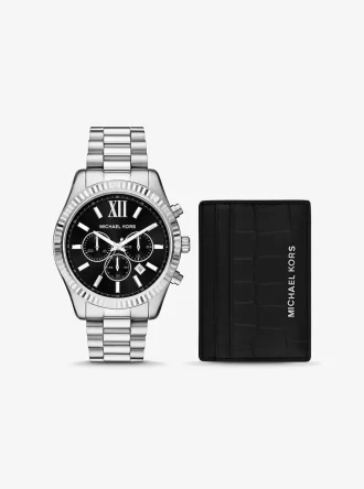 Oversized Lexington Silver-Tone Watch and Crocodile-Embossed Leather Card Case Gift Set Oversized Lexington Silver-Tone Watch and Crocodile-Embossed Leather Card Case Gift Set