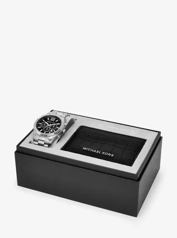 Oversized Lexington Silver-Tone Watch and Crocodile-Embossed Leather Card Case Gift Set Oversized Lexington Silver-Tone Watch and Crocodile-Embossed Leather Card Case Gift Set