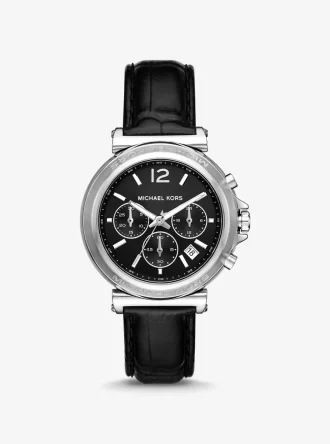 Oversized Maren Silver-Tone and Crocodile Embossed Leather Watch Oversized Maren Silver-Tone and Crocodile Embossed Leather Watch