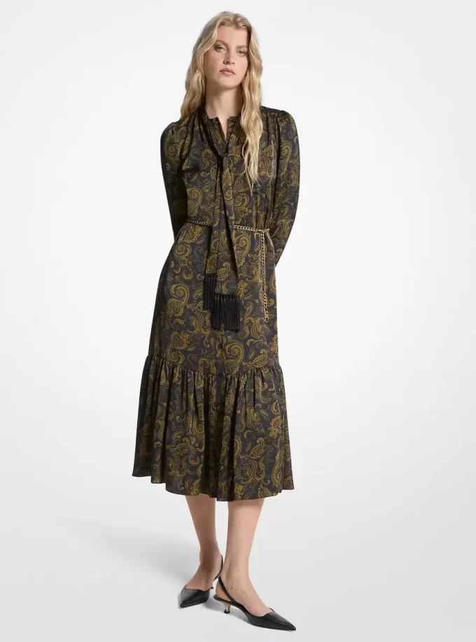 Paisley Print Satin Tie-Neck Midi Dress