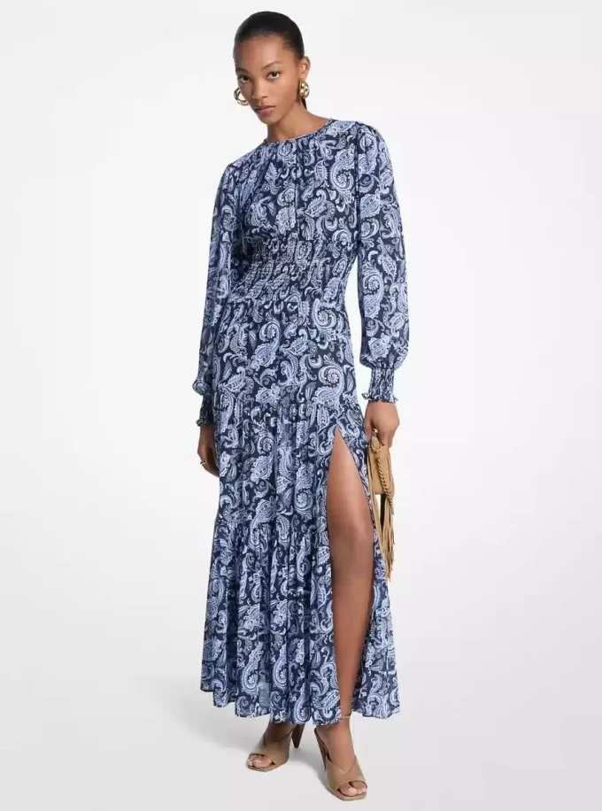Paisley Print Smocked Georgette Maxi Dress