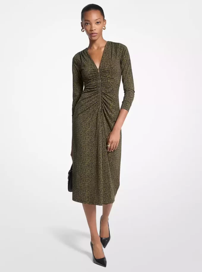 Paisley Print Stretch Matte Jersey Midi Dress