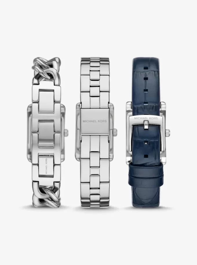Petite Monroe Silver-Tone and Crocodile-Embossed Leather Watch Strap Set