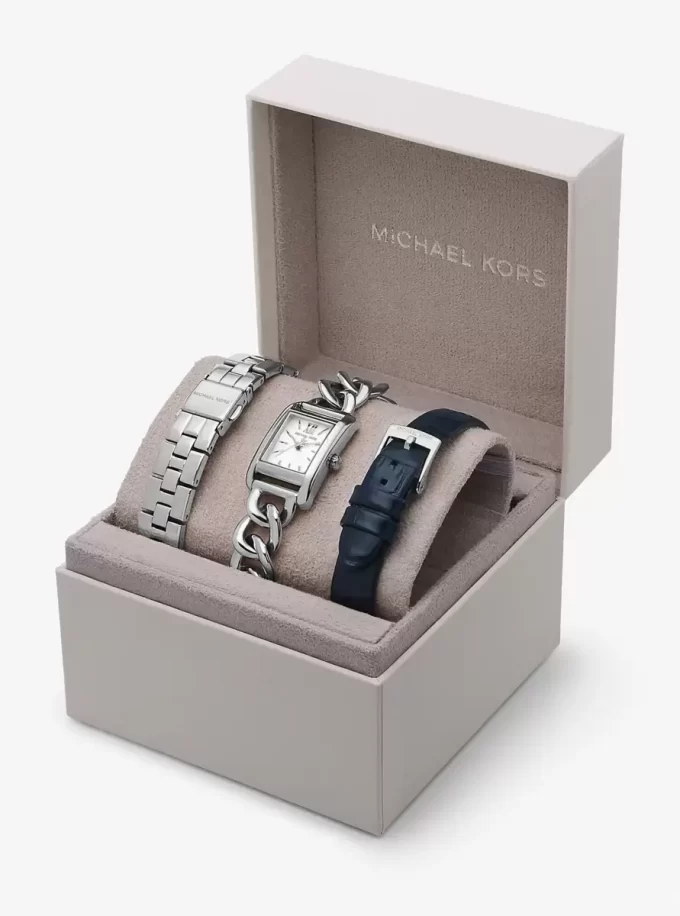 Petite Monroe Silver-Tone and Crocodile-Embossed Leather Watch Strap Set