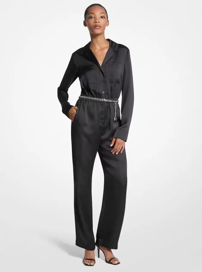 Satin Long Sleeve Belted Jumpsuit