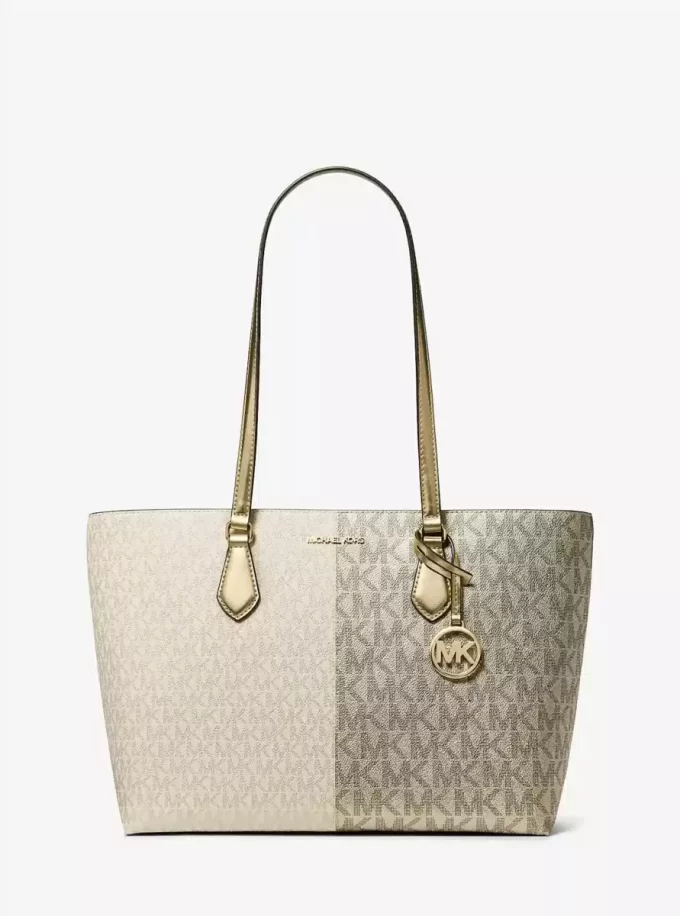 Sheila Large Metallic Two-Tone Signature Logo Tote Bag