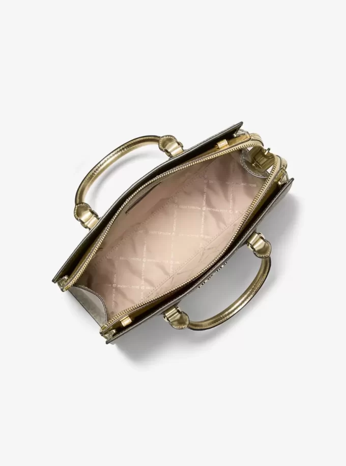 Sheila Medium Two-Tone Metallic Signature Logo Satchel Sheila Medium Two-Tone Metallic Signature Logo Satchel