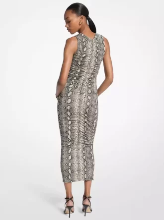 Snake Print Stretch Jersey Ruched Midi Dress