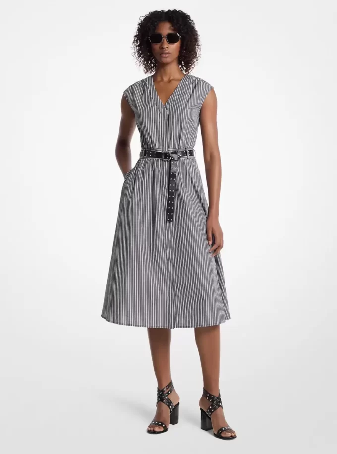 Striped Cotton Poplin Belted Midi Dress Striped Cotton Poplin Belted Midi Dress