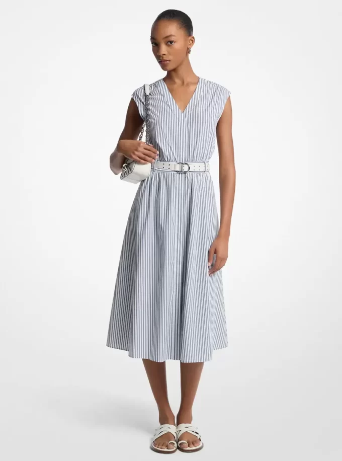 Striped Cotton Poplin Belted Midi Dress Striped Cotton Poplin Belted Midi Dress