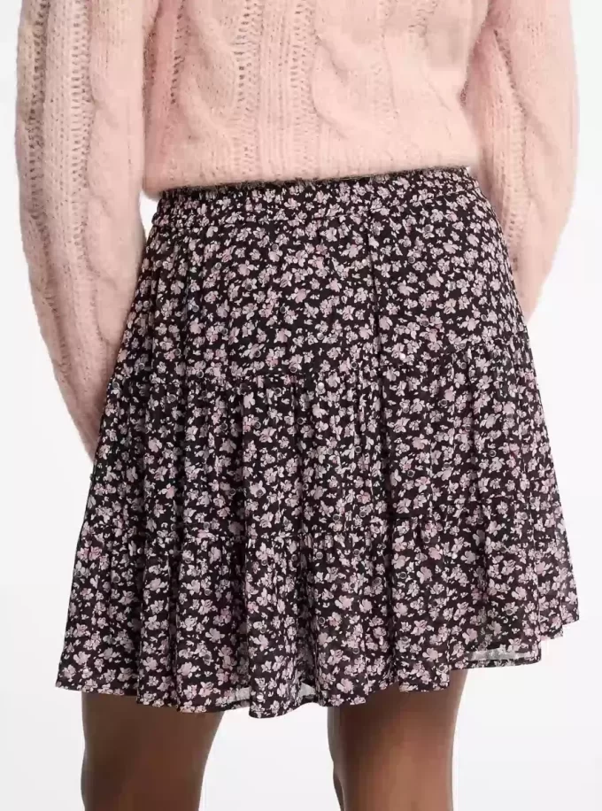 Studded Floral Print Georgette Tiered Skirt