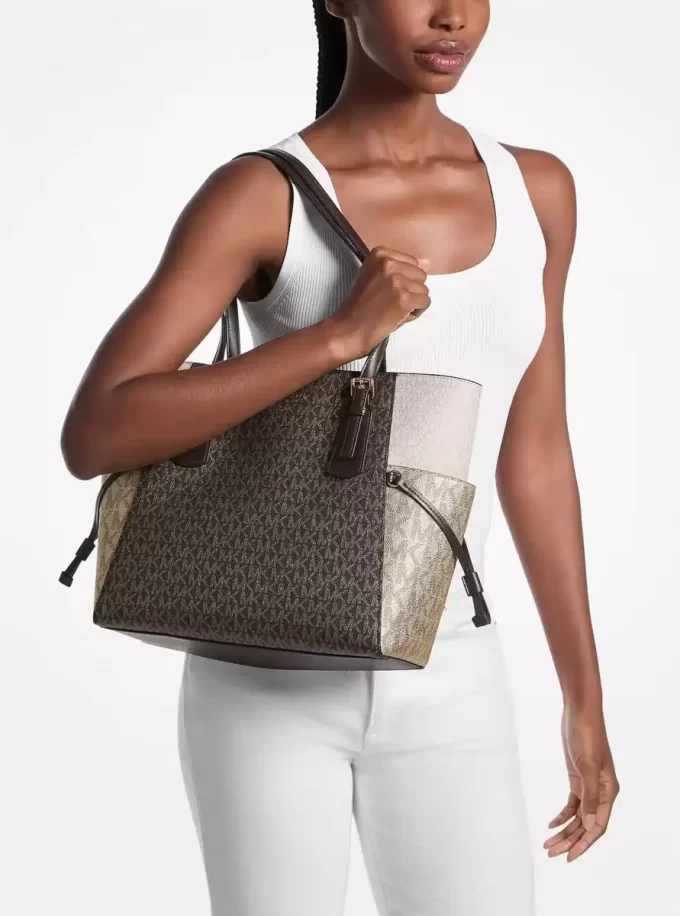 Voyager Large Color-Block Metallic Signature Logo Tote Bag Voyager Large Color-Block Metallic Signature Logo Tote Bag