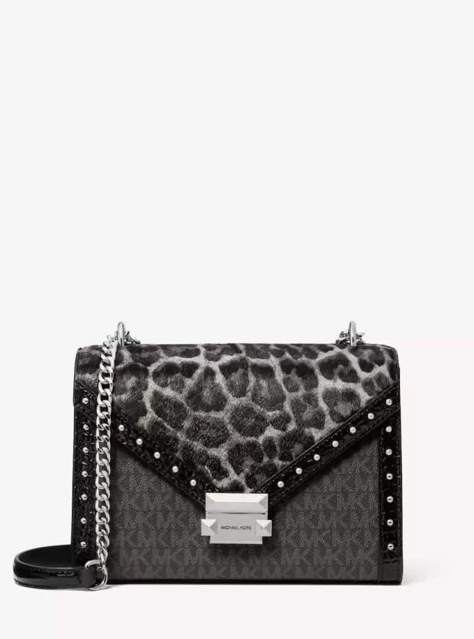 Whitney Medium Signature Logo and Leopard Print Calf Hair Shoulder Bag